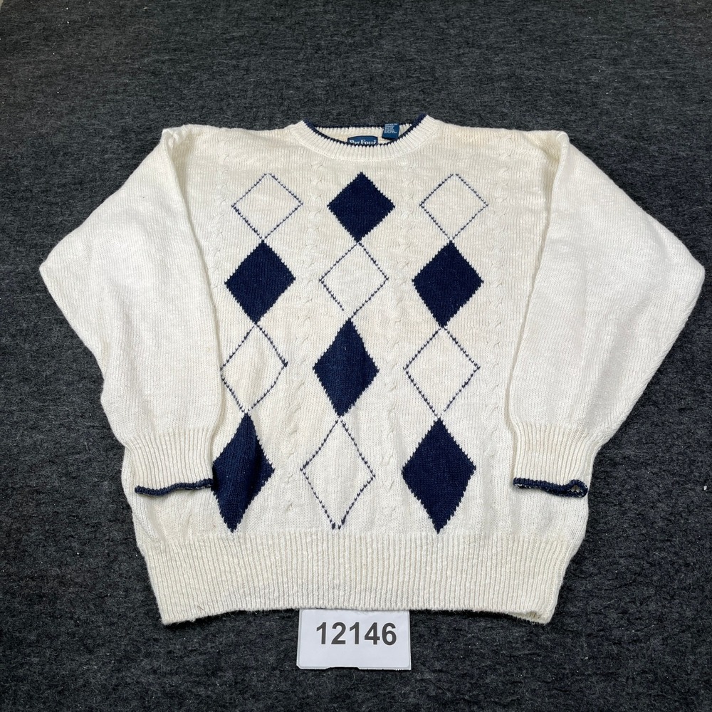 Vintage Par Four Sweater Mens Medium White Argyle Tight Knit Ramie Crew Neck